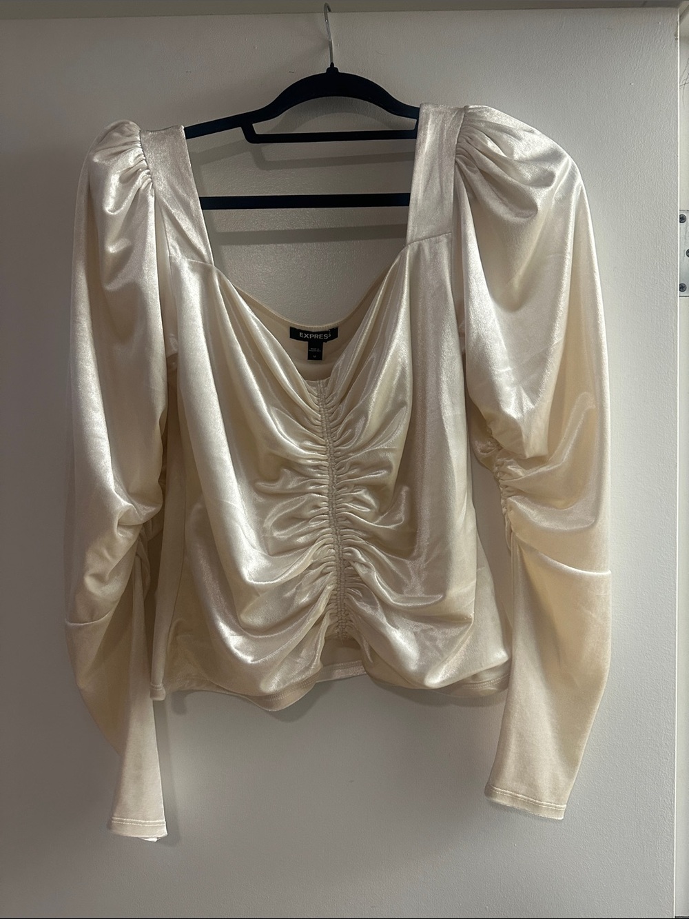 Express Velour Ruched Cream Puff-Sleeve Blouse